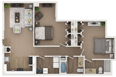 Floor plan for 2 beds, 2 baths, 1100 sqft